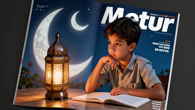 Joven estudiante ilustrado bajo la luna y luz islámica
