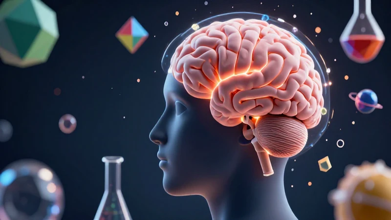 Ilustración académica estilizada de un cerebro con elementos flotantes