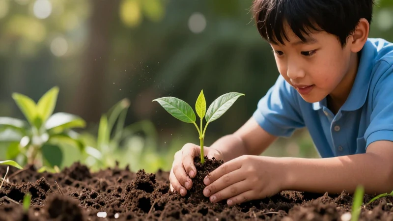 Estudiante planta semilla vibrante en tierra
