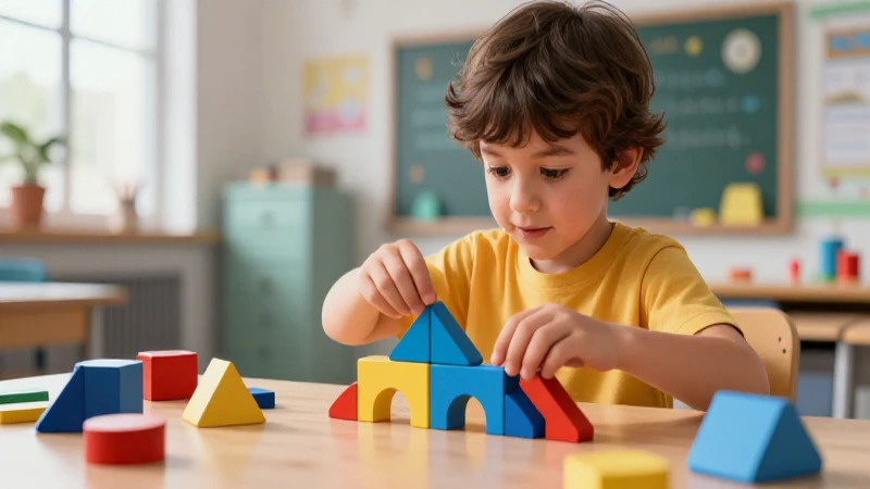 Niño explorando bloques geométricos en clase moderna