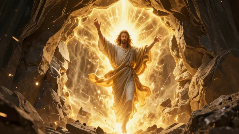 Jesús emerge de la tumba con luz dorada divina
