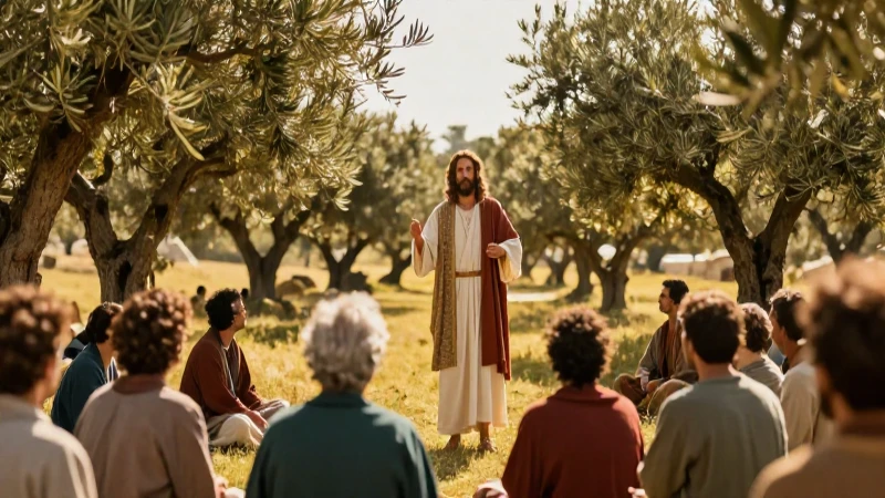 Jesús enseña bajo olivos en una cálida luz