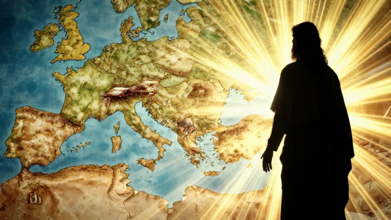 Silueta de Jesús frente a un Imperio romano radiante
