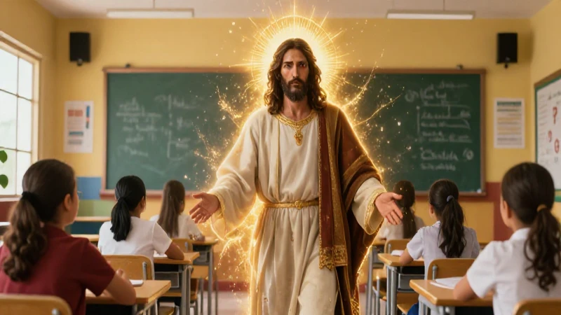 Jesús en aula moderna mexicana, ilustración espectacular