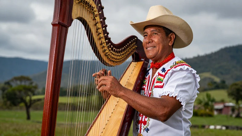 Retrato dinámico de músico Joropo tocando arpa