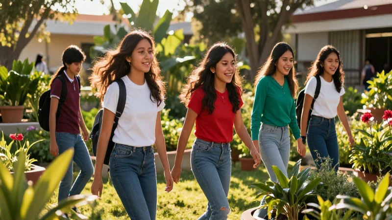 Estudiantes mexicanos colaboran alegre en un jardín