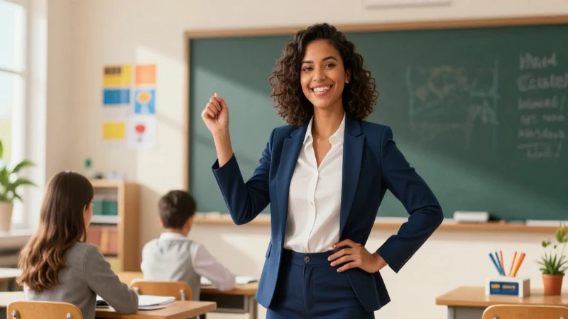 Joven profesional educador moderno en aula iluminada
