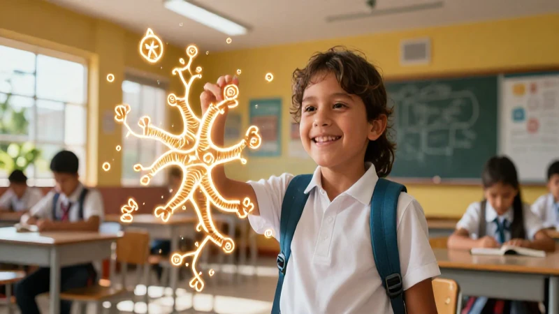 Estudiante alegre en vibrante entorno educativo mexicano