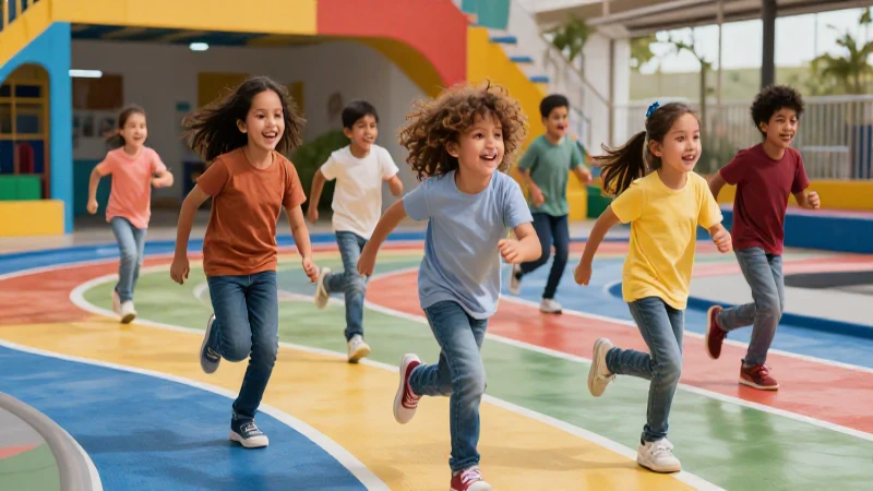 Niños alegres corren por un circuito educativo colorido