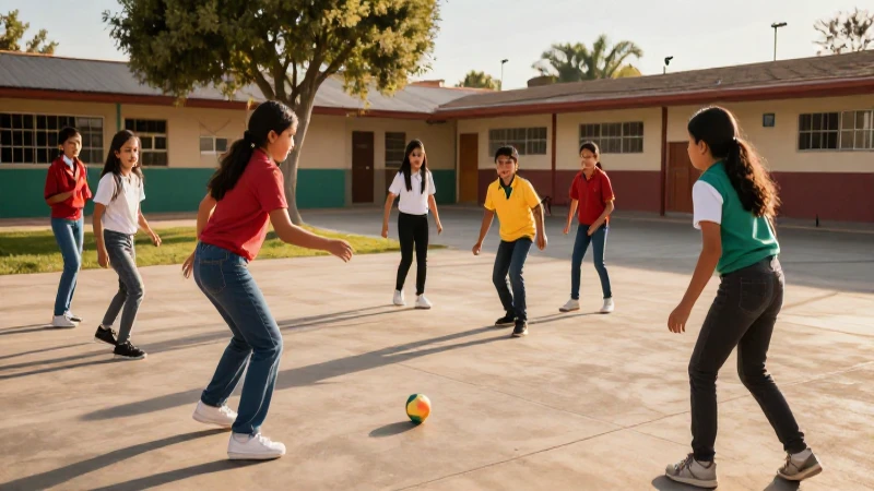 Niños mexicanos jugando dodgeball vibrante