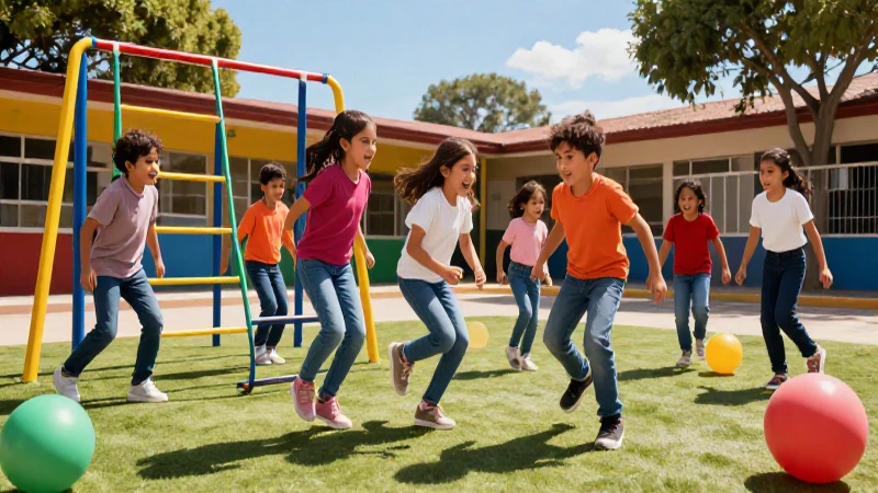Niños mexicanos diversos juegan en un patio soleado