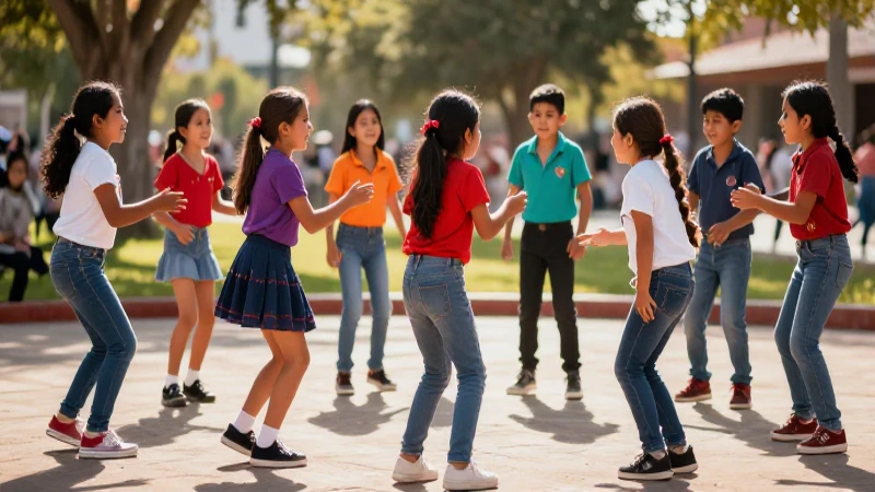 Niños mexicanos jugando en un parque vibrante y colorido
