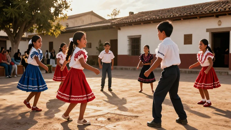 Niños alegres jugando en vibrante plaza mexicana