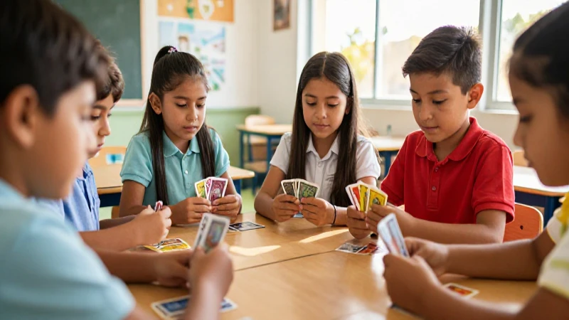 Niños mexicanos jugando cartas en aula