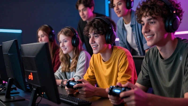 Adolescentes diversos colaborando en videojuegos modernos