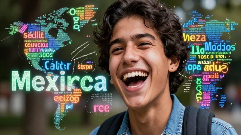 Estudiante mexicano alegre con diseño educativo vibrante