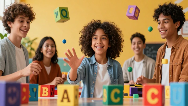 Estudiante feliz juega con bloques coloridos