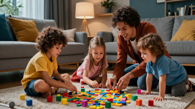 Familia jugando feliz en sala moderna