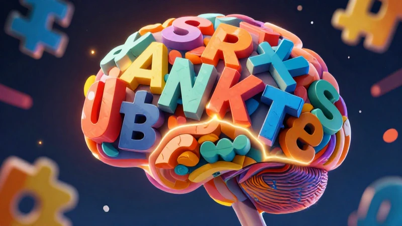 Cerebro geométrico con letras vibrantes y conocimiento