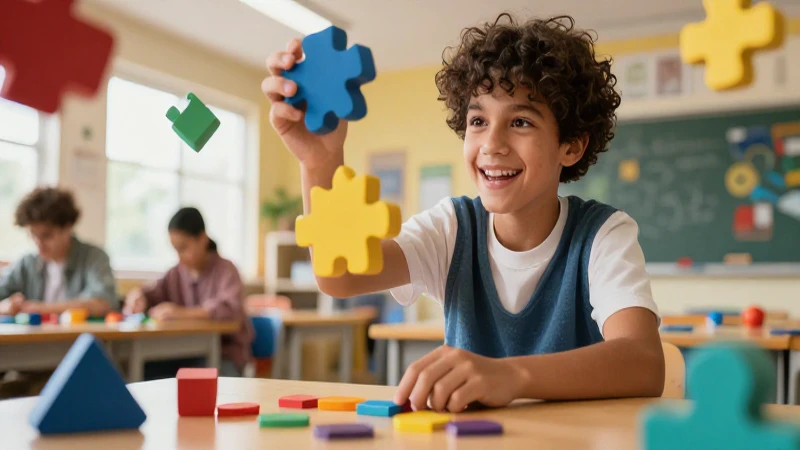Estudiante alegre con puzzles geométricos vibrantes