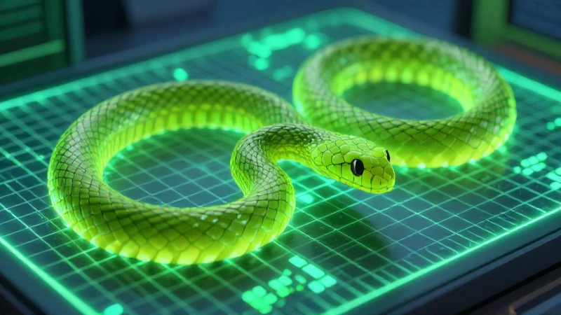 Serpiente verde neón sobre cuadrícula digital vibrante