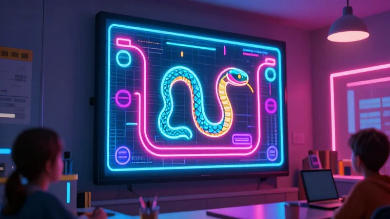 Serpiente neón vibrante en aula educativa moderna