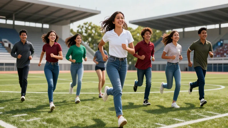 Estudiantes mexicanos alegres en un campo deportivo vibrante