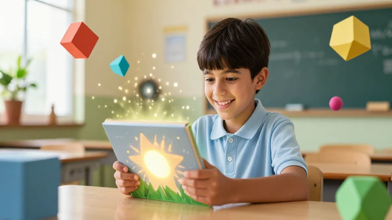 Ebook imprescindible sobre juegos educativos infantiles 11 Estudiante sonriente con libro digital en ambiente escolar moderno