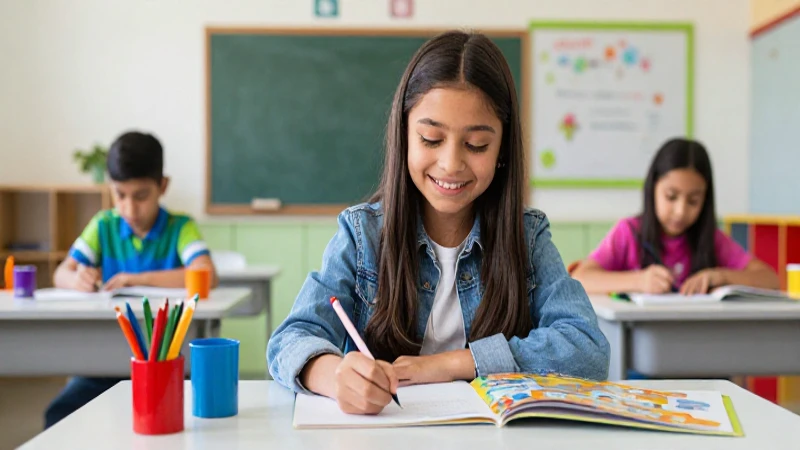 Estudiante feliz en clase vibrante con juegos