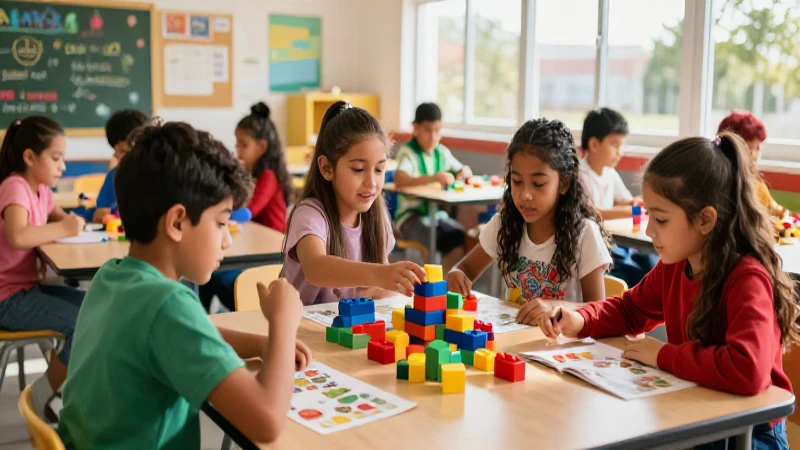 Mexican niños aprendiendo en un salón moderno y vibrante
