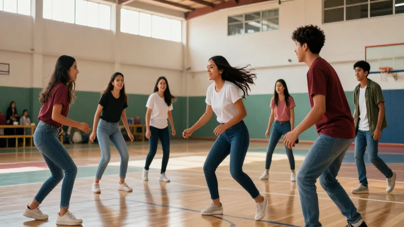 Estudiantes mexicanos jugando entusiastas en gimnasio