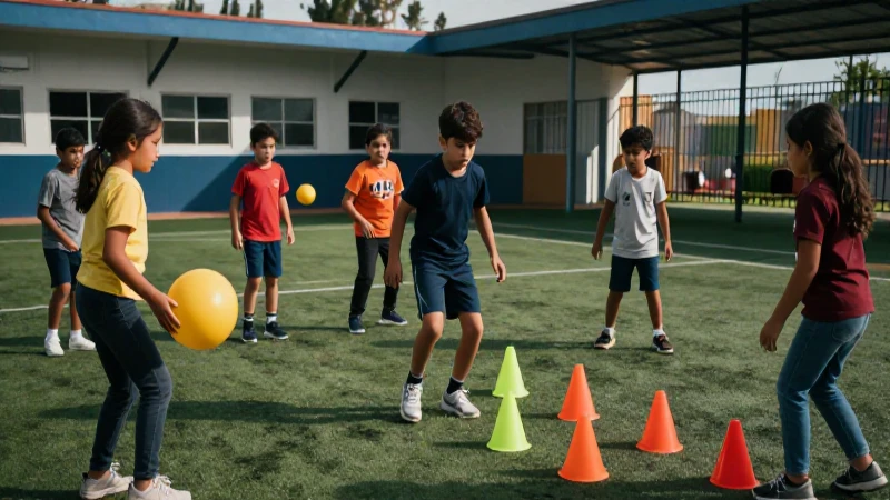 Niños mexicanos jugando activamente en un parque escolar
