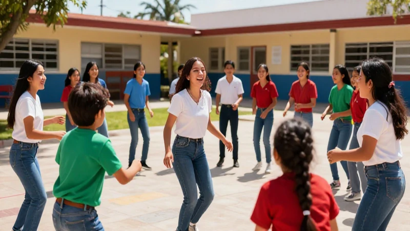 Niños mexicanos felices juegan en la escuela con luz vibrante
