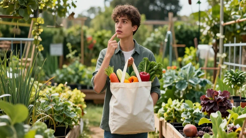 Juicios morales: 15 Ejemplos que desafían tu ética 12 Joven ético sostiene bolsas orgánicas en un jardín sostenible
