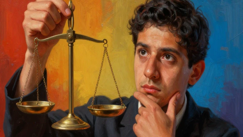 Juicios morales: 15 Ejemplos que desafían tu ética 7 Académico pensativo con simbolismo de justicia