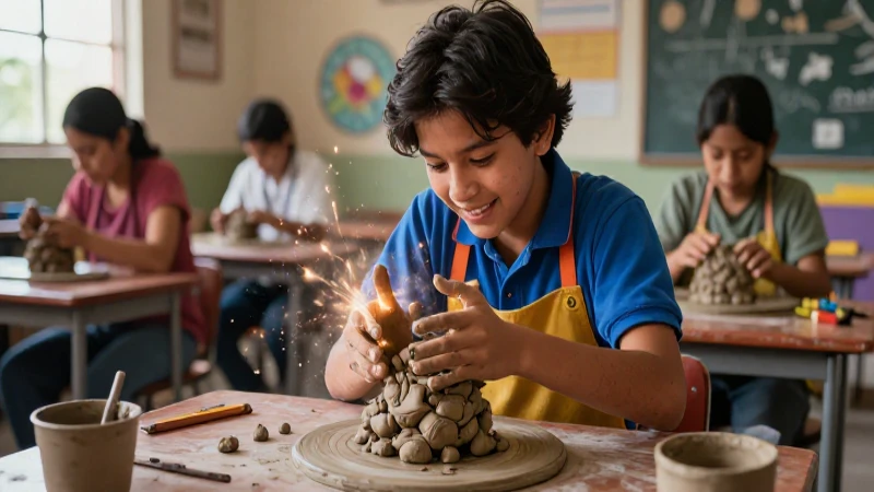 Estudiante mexicano esculpe arcilla con energía vibrante