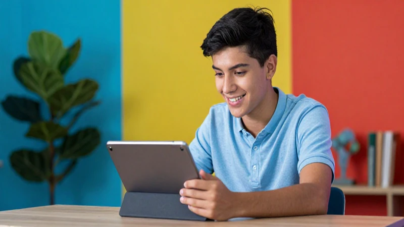 Estudiante mexicano sonríe usando tablet en entorno vibrante
