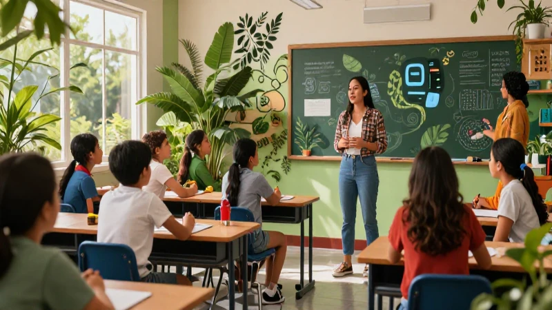 Aula moderna con estudiantes mexicanos y naturaleza