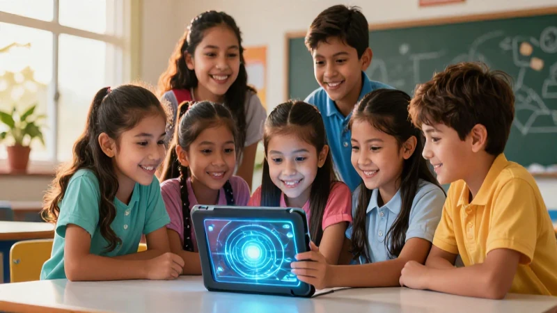 Estudiantes mexicanos interactúan con tableta educativa futurista
