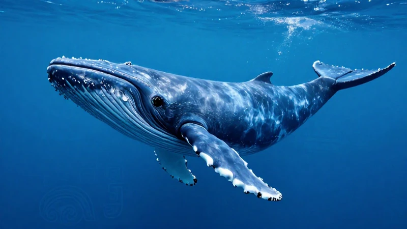 Ballena majestuosa en aguas azules con arte mexicano