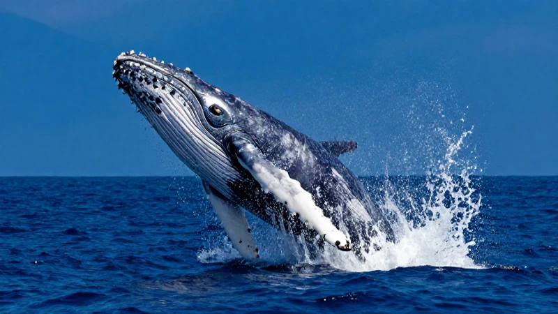 Ballena majestuosa saltando en océano azul
