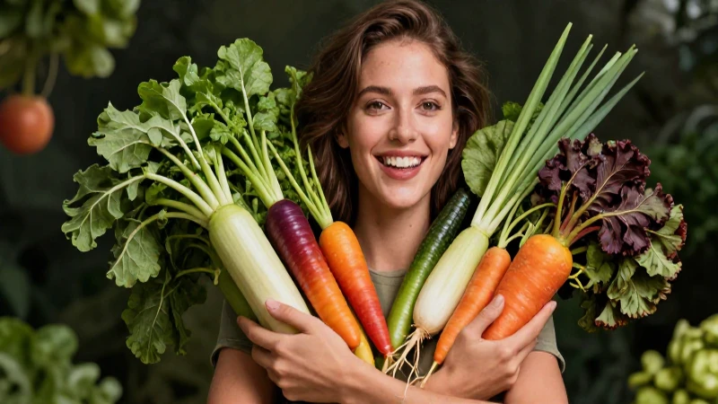 Secretos de la cadena alimentaria y su impacto en tu salud 4 Mujer sana y vibrante sostiene vegetales coloridos