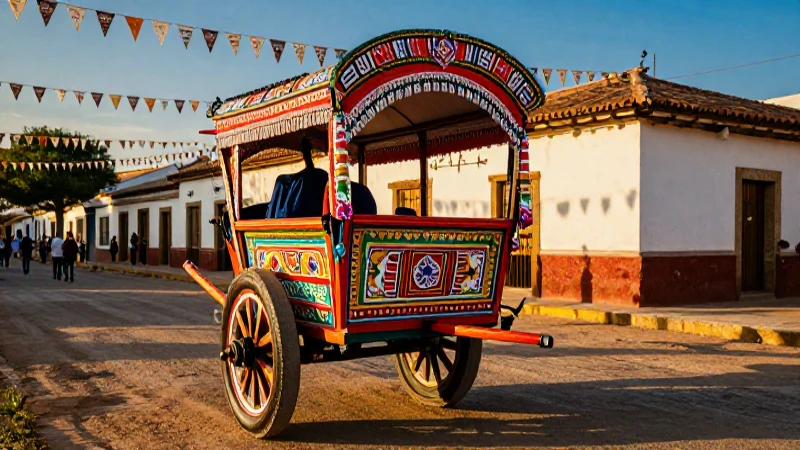 Carreta mexicana tradicional bajo luz dorada vibrante
