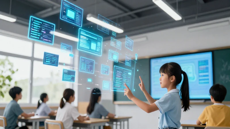 Aula futurista con estudiante e interacción holográfica digital