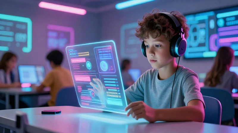 Estudiante interactúa con datos holográficos en clase moderna