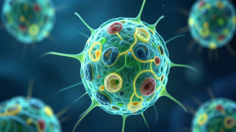 Célula bacteriana estilizada con metabolismo dinámico y luces