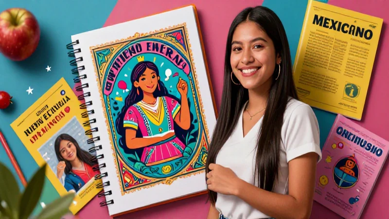 Educadora mexicana sonriente rodeada de recursos educativos
