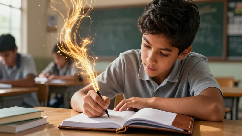 Estudiante mexicano escribe con luz dorada e intensa