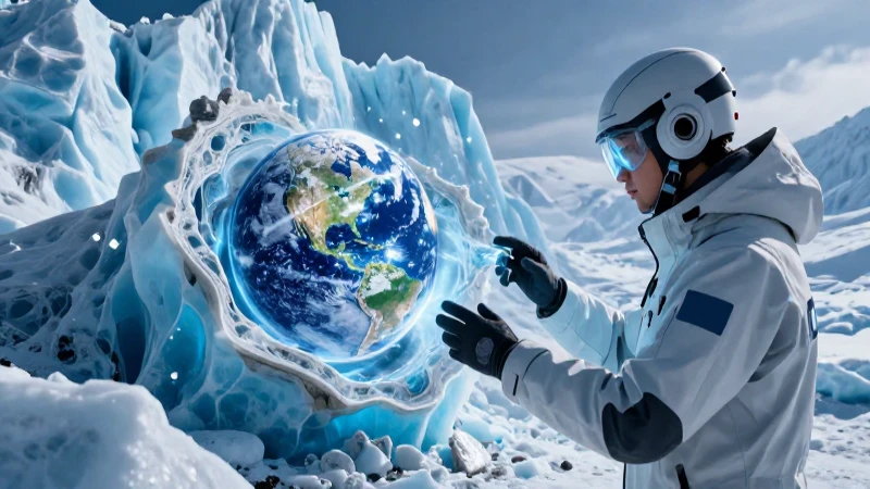 Escultura de hielo milenaria con científico estudia la corte terrestre
