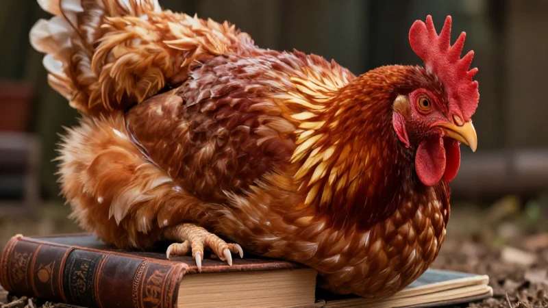 Gallina detallada y expresiva sobre libros antiguos